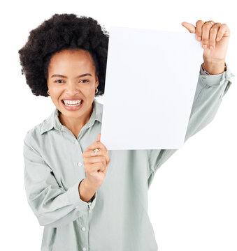 Paper, mockup and smile with portrait of black woman on transparent background for show, promotion and idea. Announcement, news and information with person isolated on png for sign and poster