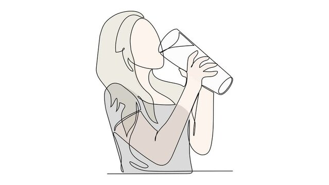 Animated self drawing of single continuous line draw for a woman is drinking milk. drinking milk activity in simple linear style design concept. drinking milk activity with big cup with Full length on