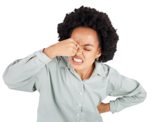 Stress, headache and black woman with brain fog on isolated, transparent and png background. Hands, migraine and African female person with anxiety, tinnitus or frustrated with vertigo or sinusitis
