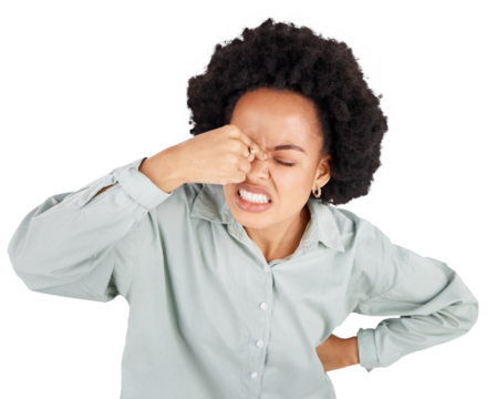 Stress, headache and black woman with brain fog on isolated, transparent and png background. Hands, migraine and African female person with anxiety, tinnitus or frustrated with vertigo or sinusitis