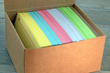 Brown box of coloured blank index cards