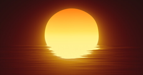 Abstract orange sun over water and horizon with reflections background