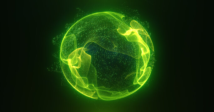Abstract green energy sphere of particles and waves of magical glowing on a dark background