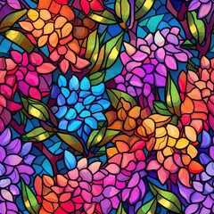 Colorful stained glass flowers seamless repeat pattern [Generative AI]
