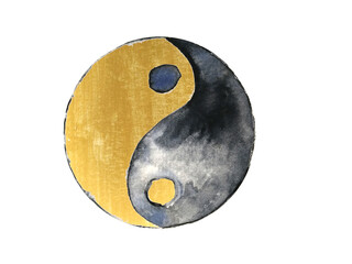 watercolor painting ink abstract texture minimal yin yang gold symbol. png hand drawn.	