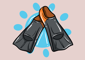 Hand drawn colorful flippers for diving. Swimming fins. Accelerate the pace of swimming. Diving gear. Things you need on the beach. Cartoon style.