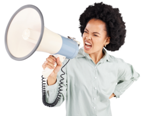 Megaphone, noise and black woman with news announcement on isolated, transparent or png background. Bullhorn, speech and African female speaker with microphone for protest, change and justice or vote