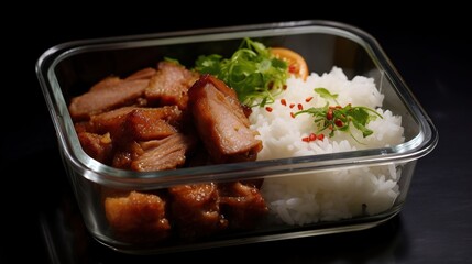 Fried crispy pork with jasmine rice in the food containner, Generative AI