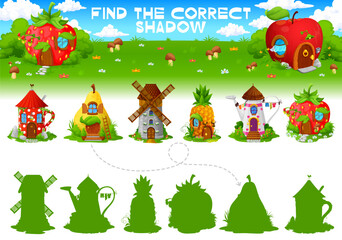 Obraz na płótnie Canvas Find the correct shadow of cartoon fairytale house buildings kids vector game worksheet. Matching quiz search right silhouette of strawberry, tea cup, pear and windmill, pineapple or watering can home