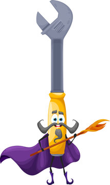 Cartoon halloween adjustable wrench tool wizard character. Repair diy or construction instrument hold magic staff. Isolated vector funny smiling personage dressed in warlock robe celebrate wiz party