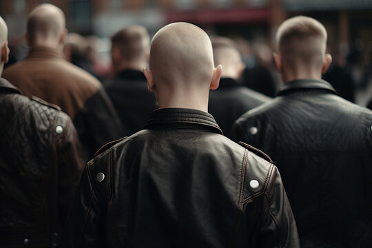 Back view of group of skinhead neo-nazis in leather jackets. Generative AI illustration