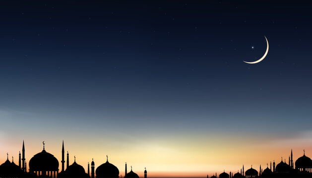Islamic background,Ramadan Kareem design with Silhouette Dome Mosques,Crescent Moon on Sunset Sky,Vetor Ramadhan Night with twilight dusk sky for Islamic religion,Eid al-Adha,Eid Mubarak,Eid al fitr