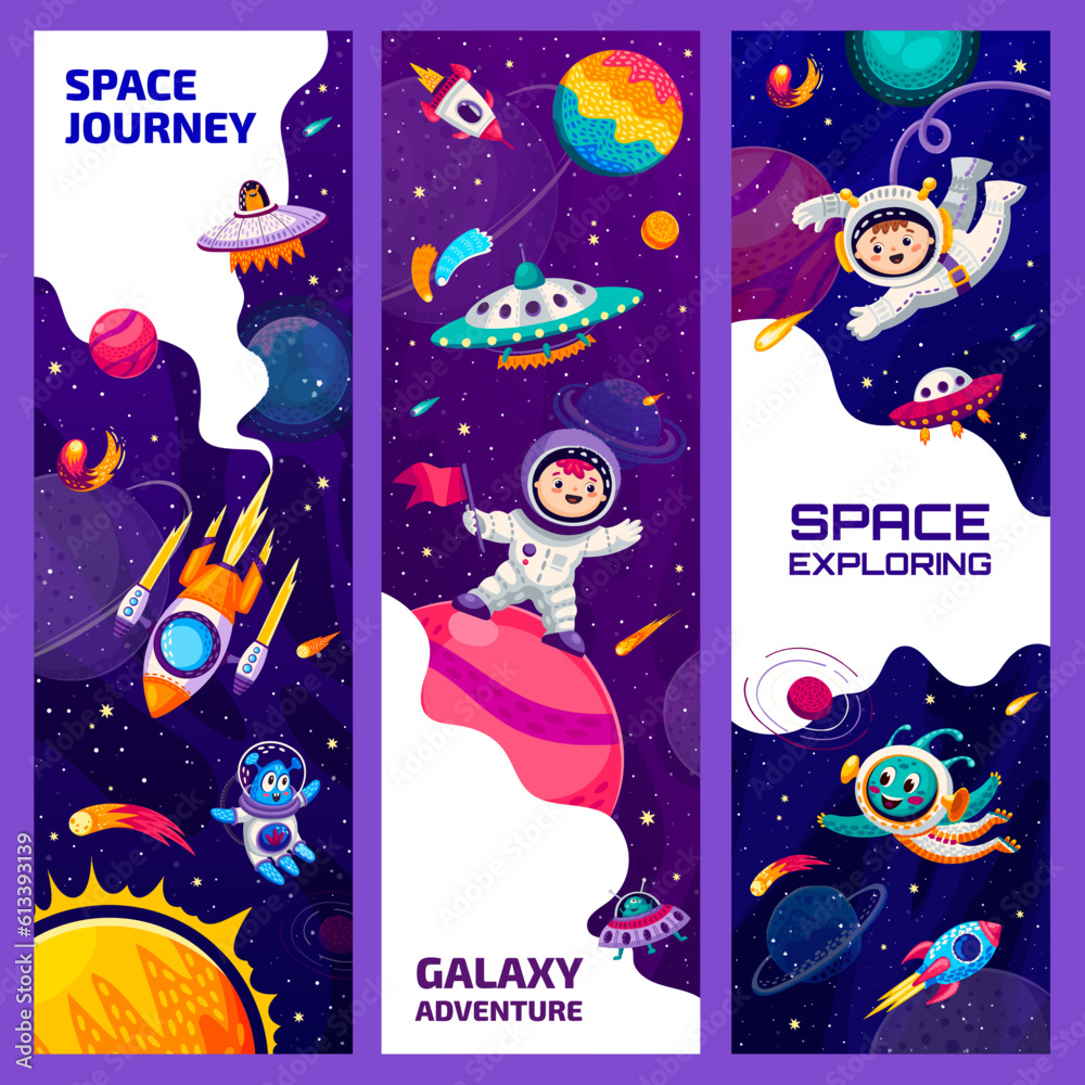 Poster Kids astronauts in outer space. Aliens, UFO and galaxy space planets. Outerspace exploration vector background or banner with boy in spacesuit standing on planet, alien character, rockets and comets