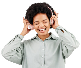 Headphones, dance and happy black woman with music podcast on isolated, transparent or png background. Earphones, radio and African female dancing to online audio, track or streaming album or song