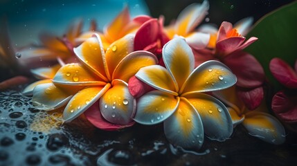 Balinese Tropical Frangipani Flowers background composition with amazing white, yellow, orange, blue and pink colors, beautiful dew drops, massage decoration, wedding decoration - obrazy, fototapety, plakaty