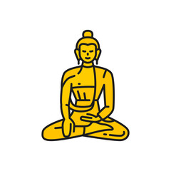 Big Buddha large golden statue prayer, lotus pose color outline icon. Vector gold Big Buddha, monk praying in lotus pose. Buddhist prayer, buddhism religion