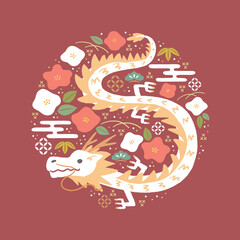 龍と椿のお正月イラスト