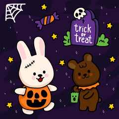 Fototapeta premium Halloween night rabbit and bear in the cemetery with pumpkins