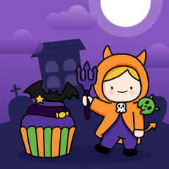 Fototapeta na wymiar A child in a devil costume holds a trident in a cemetery on Halloween night with cupcakes.