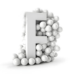 illustration of white letter F framed by big white rubber balls on white background, Generative AI