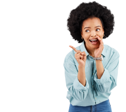 Smile, direction and woman point, whisper or gossip about retail offer, sales message or brand promo notification. Person show advertising, logo secret or view isolated on transparent, png background - Powered by Adobe