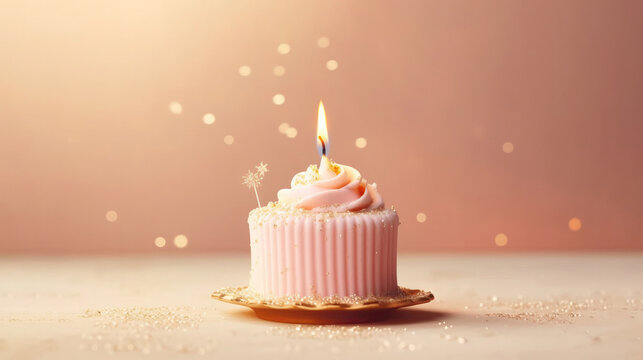 Сake With One Candle On A Blush Background Сake One Year Greeting Card Design. Generative AI