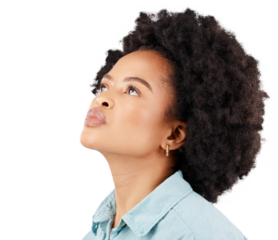 Beautiful, thinking and portrait of a black woman with an afro isolated on a transparent, png background. Young, inspiration and relax face of an African girl with a idea, vision and confidence