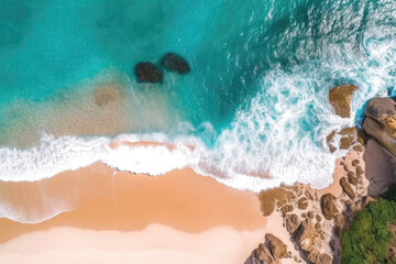 Aerial Shot Of A Secluded Beach With Powdery White Sand And Clear Blue Sea. Generative AI