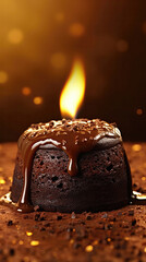 Chocolate Lava Cake With One Candle On A Gold Background Greeting Card Design. Generative AI