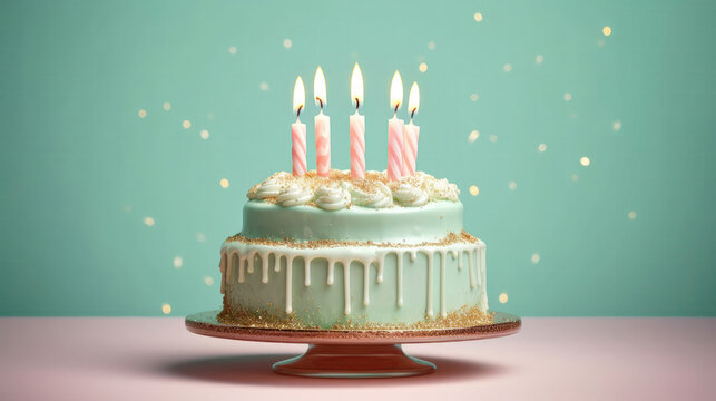 Cake With Candles On A Pale Mint Background Greeting Card Design. Generative AI