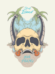 skull on an island with surrounding scenery coconut trees, surfboards, clouds, buoys, balls, party, beach, sea. skull island, vector, summer, island, vacation. print, t-shirt design, merchandise. POD