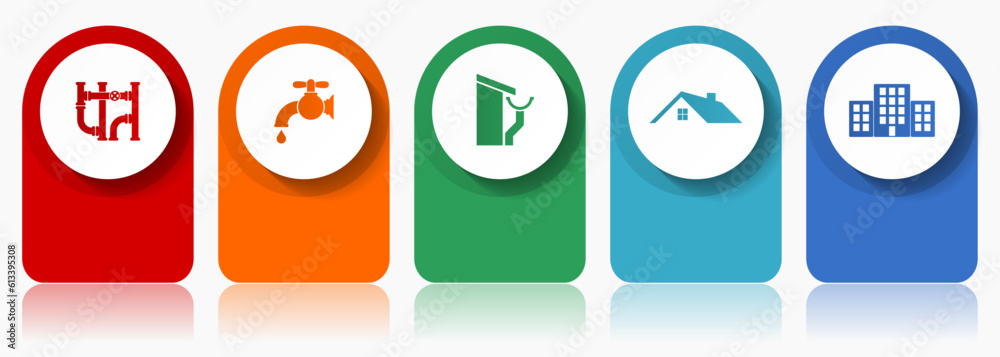 Fototapete home service icon set, flat design miscellaneous colorful icons such as pipe, tap, roof and gutter, 
