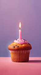 Muffin With One Candle On A Pink Background Greeting Card Design. Generative AI