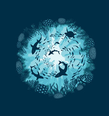 silhouettes of tropical fish. within the seabed with coral and marine life. white background, vector illustration