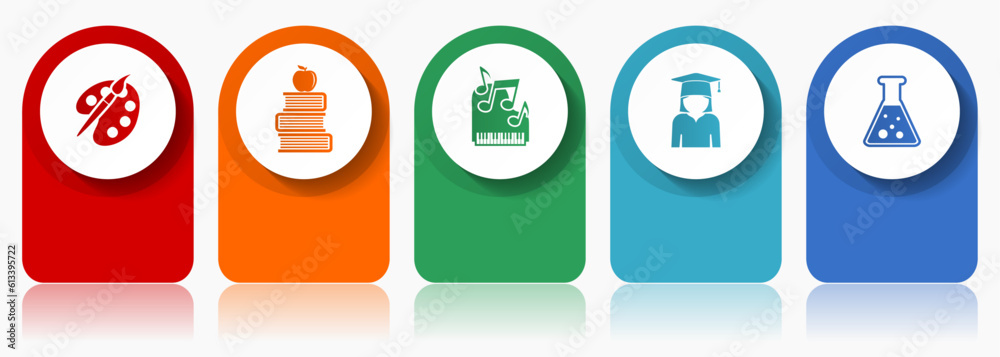 Poster education art and science icon set, flat design miscellaneous colorful icons such as painter, books,