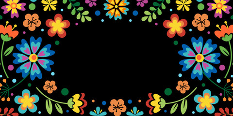 Hispanic heritage month background. Vector web banner, poster, card for social media, networks. Greeting with national Hispanic heritage month, floral pattern on black background