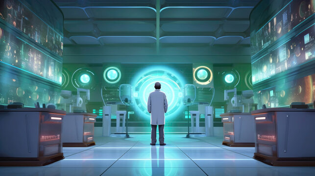 Standing Backwards The Scientist Is Shown Out In Front Of A Stateoftheart Laboratory. Generative AI