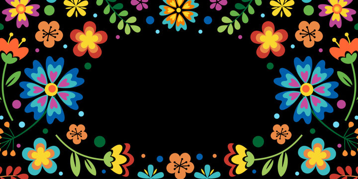Hispanic heritage month background. Vector web banner, poster, card for social media, networks. Greeting with national Hispanic heritage month, floral pattern on black background