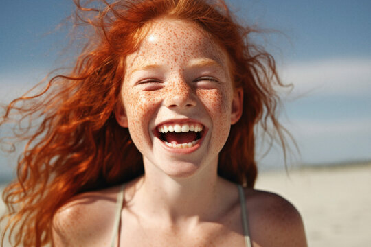 Closeup of a laughing girl with red hair and freckles. Generative AI