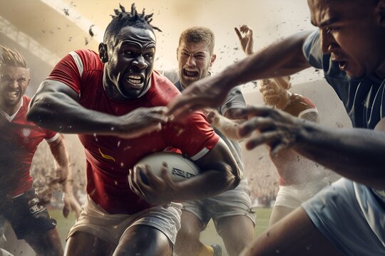 Intense Sports Competition: A dramatic shot capturing the intensity and determination of athletes competing in a high-stakes sports event, perfect for sports publications and sports equipment brands.