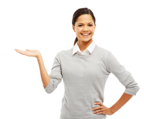 Happy, portrait and woman with hand or palm for advertising isolated on transparent, png background. Happy female person with hands for business announcement, marketing or product presentation space