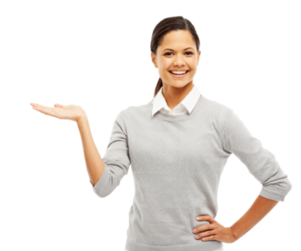Happy, portrait and woman with hand or palm for advertising isolated on transparent, png background. Happy female person with hands for business announcement, marketing or product presentation space