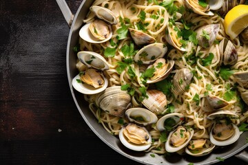 Close-up of steamed clams, linguini and parsley served in casserole from directly above