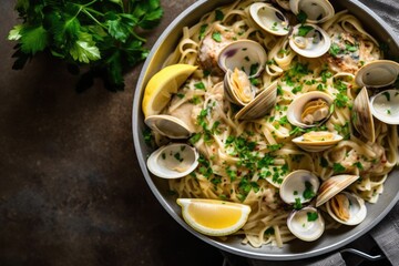 Close-up of steamed clams, linguini and parsley served in casserole from directly above
