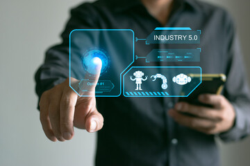 INDUSTRY 5.0 factory industrial engineers work together with intelligent factory automation robotic...