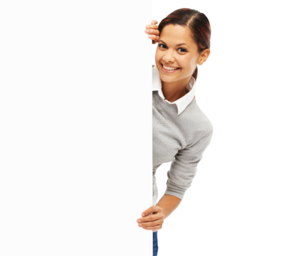Happy, portrait and woman peeking from billboard sign isolated on a transparent png background. Mockup, smile and person behind banner for advertising, marketing or copy space, branding or promotion