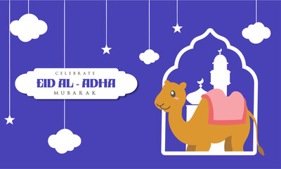 Holy Eid Al Adha Mubarak Cute Banner Cartoon doodle. Islamic and Arabic Greeting flyer for Muslim Community Festival graphic print Vector