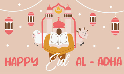 Holy Eid Al Adha Mubarak Cute Banner Cartoon doodle. Islamic and Arabic Greeting flyer for Muslim Community Festival graphic print Vector
