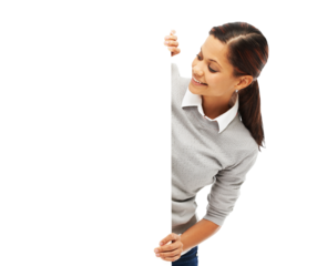 Billboard, smile and woman behind banner sign isolated on a transparent png background. Mockup, happy and person peeking from poster for advertising, marketing or copy space, branding and promotion.