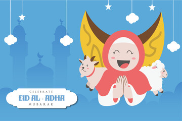 Holy Eid Al Adha Mubarak Cute Banner Cartoon doodle. Islamic and Arabic Greeting flyer for Muslim Community Festival graphic print Vector